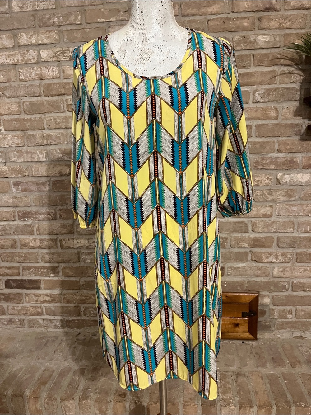 Women’s Geometric Print Shift Dress Yellow Teal 3/4 Sleeve Retro Boho Sz S
